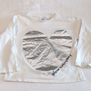 Zara Silver and White Long Sleeve Tee with Heart Design Size 4-5